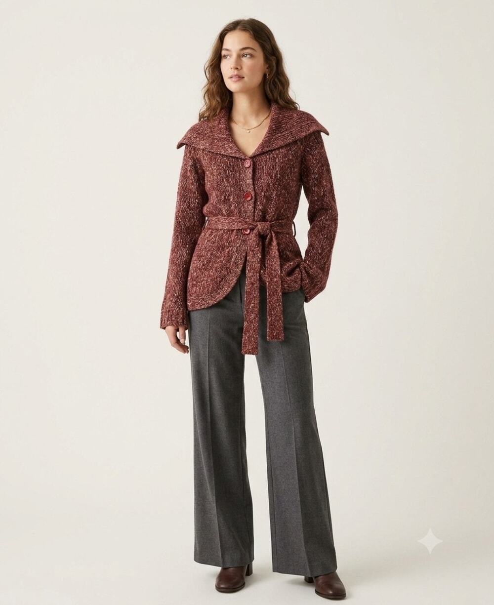 Anthropologie Sleeping On Snow Red Knit Belted Cardigan Sweater Size Medium